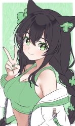  absurdres animal_ears bare_shoulders black_hair braid breasts cat_ears cleavage closed_mouth clover crop_top etherealmeow female four-leaf_clover green_eyes green_nails green_shirt hand_up highres indie_virtual_youtuber jacket kitsunya_(vtuber) large_breasts long_hair looking_at_viewer midriff nail_polish off_shoulder open_clothes open_jacket second-party_source shirt sleeveless sleeveless_shirt smile solo symbol-shaped_pupils tank_top twin_braids twintails upper_body v virtual_youtuber white_jacket 