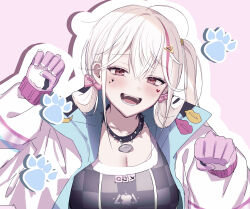  absurdres arms_up black_choker blonde_hair blue_jacket blush bow breasts choker cleavage collarbone commentary_request facial_mark fangs gao gloves goddess_of_victory:_nikke hair_between_eyes hairbow heart heart_facial_mark highres jackal_(nikke) jacket kumo_tabetai large_breasts long_hair looking_at_viewer multicolored_hair multicolored_jacket multiple_hair_bows open_clothes open_mouth outline pink_background pink_bow pink_gloves pink_hair pink_jacket red_eyes side_ponytail simple_background spiked_choker spikes streaked_hair teeth thick_outlines white_outline 