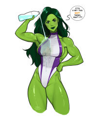  abs animification breasts cleavage colored_skin female gloves green_eyes green_hair green_skin highres jennifer_walters leotard long_hair looking_at_viewer marvel muscular muscular_female olena_minko she-hulk smile solo superhero_costume 