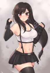  artist_name belt black_belt black_gloves black_skirt black_thighhighs blush breasts brown_hair clenched_hands closed_mouth crop_top ear_piercing earrings eyebrows_hidden_by_hair eyes_visible_through_hair facing_viewer final_fantasy final_fantasy_vii final_fantasy_vii_remake fingerless_gloves gloves grey_background hair_elastic highres jewelry large_breasts long_hair looking_at_viewer low-tied_long_hair luci_(purrlucii) miniskirt navel overall_skirt piercing red_eyes signature skirt smile solo standing tank_top thighhighs thighs tifa_lockhart very_long_hair white_tank_top 