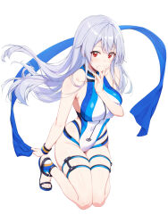  absurdres ass bare_shoulders blue_one-piece_swimsuit blush breasts fate/grand_order fate_(series) female highleg highleg_one-piece_swimsuit highres large_breasts long_hair looking_at_viewer one-piece_swimsuit red_eyes smile solo swimsuit tohoho_(hoshinoyami) tomoe_gozen_(fate) tomoe_gozen_(swimsuit_saber)_(first_ascension)_(fate) white_hair white_one-piece_swimsuit 