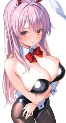 absurdres animal_ears arms_under_breasts black_leotard black_pantyhose bow bowtie breasts cleavage closed_mouth cowboy_shot detached_collar female highres large_breasts leotard long_hair looking_at_viewer nameko_houshi pantyhose pink_hair playboy_bunny rabbit_ears rabbit_girl rabbit_tail red_bow red_bowtie red_eyes reisen_udongein_inaba simple_background solo strapless strapless_leotard tail touhou very_long_hair white_background wrist_cuffs 