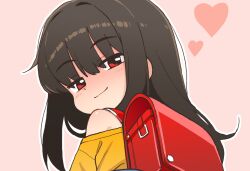  backpack bag bare_shoulders black_hair blush closed_mouth female heart long_hair looking_at_viewer off_shoulder orenjipiiru original outline pink_background randoseru red_eyes smile solo upper_body white_outline 