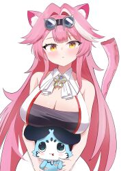  :&lt; a-tamin absurdres animal_ears ascot bare_shoulders black_tube_top blue_gemstone blush breasts chattino_(raora_panthera) cleavage closed_mouth collared_shirt colored_inner_hair commentary female gem goggles goggles_on_head hair_intakes highres hololive hololive_english huge_breasts jewelry long_hair looking_at_viewer multicolored_hair panther_ears panther_girl panther_tail pink_hair raora_panthera raora_panthera_(1st_costume) shirt simple_background sleeveless sleeveless_shirt strapless streaked_hair tail tube_top two-tone_hair virtual_youtuber white_ascot white_background white_shirt yellow_eyes 
