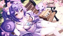  :3 animal_ears bare_shoulders beret black_gloves bow breasts bubble_tea cherry_blossoms choker crop_top cup disposable_cup english_commentary female fingerless_gloves frilled_choker frilled_shirt frilled_skirt frills fur_trim gloves hairbow hat highres indie_virtual_youtuber jacket kiyochii long_hair long_sleeves looking_at_viewer medium_breasts midriff miniskirt multicolored_hair navel off_shoulder open_clothes open_jacket picnic_basket pink_bow ponytail purple_choker purple_hair purple_hat purple_jacket purple_skirt red_eyes shirt skindentation skirt sleeveless sleeveless_shirt solo squirrel_tail streaked_hair tail thighhighs virtual_youtuber white_shirt white_thighhighs zettai_ryouiki 