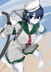  alice_chococake barefoot black_eyes blue_hair blush breasts closed_mouth colored_skin commentary_request cookie_(touhou) feet female full_body green_sailor_collar hat highres holding holding_hose hose large_breasts looking_at_viewer milk_(cookie) murasa_minamitsu neckerchief red_neckerchief sailor_collar shirt short_hair shorts smile solo toes touhou uriko_(baseball) white_hat white_shirt white_shorts white_skin 