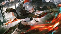 absurdres alpha:_crimson_weave_(pgr) alpha:_crimson_weave_(tsubaki)_(pgr) alpha_(pgr) alternate_costume asymmetrical_legwear breasts chinese_text coat coat_on_shoulders cropped_shirt female fighting_stance fire fur-trimmed_coat fur_trim hair_between_eyes heterochromia highres legband looking_at_viewer medium_breasts official_alternate_costume official_art punishing:_gray_raven red_eyes simplified_chinese_text solo stomach_tattoo sword tattoo weapon white_hair yanderenasa yellow_eyes 