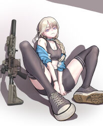  absurdres arms_between_legs assault_rifle barefoot black_shirt black_shoes black_sports_bra black_thighhighs blonde_hair blue_eyes blue_jacket braid braided_ponytail breasts cleavage collar converse female frown gun h&amp;k_hk416 hair_over_shoulder highres jacket legs long_hair looking_at_viewer mechanical_collar medium_breasts navel nyo551 off_shoulder open_clothes open_jacket original rifle shirt shoes simple_background sitting solo sports_bra thighhighs thighs weapon 
