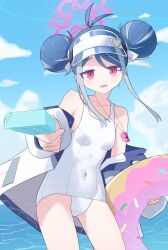  :3 absurdres antenna_hair aqua_hair bare_shoulders blue_archive blue_hair blue_sky blush breasts cloud collarbone commentary covered_navel cowboy_shot day donut_innertube double_bun dual_wielding eyelashes eyes_visible_through_hair female food foreshortening fubuki_(blue_archive) fubuki_(swimsuit)_(blue_archive) furrowed_brow hair_between_eyes hair_bun halo hat_ornament heart heart_hat_ornament highres holding holding_food holding_popsicle holding_swim_ring incoming_food jacket jacket_partially_removed lcz looking_at_viewer medium_hair multicolored_hair official_alternate_costume official_alternate_hairstyle one-piece_swimsuit open_clothes open_jacket open_mouth outdoors pink_halo popsicle red_eyes sidelocks sky small_breasts smile solo streaked_hair swim_ring swimsuit symbol-only_commentary tsurime visor_cap water whistle whistle_around_neck white_jacket white_one-piece_swimsuit 