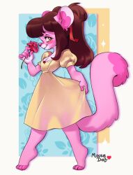  2025 absurd_res anthro barefoot breasts brown_hair clothing digital_media_(artwork) dress feet female flower fur hair hi_res holding_flower holding_object holding_rose looking_up mousedoll pink_body pink_fur plant ponytail red_eyes rose_(flower) simple_background smile solo species_request tail walking yellow_clothing yellow_dress 