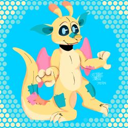  1:1 2024 3_toes 4_fingers alien ambiguous_gender animate_inanimate antennae_(anatomy) anthro biped blue_background coneiuscorn dipstick_antennae disney experiment_(lilo_and_stitch) fan_character feet fingerless_(marking) fingers hi_res hitch_(appellemoigreuh) lilo_and_stitch living_plushie looking_at_viewer multicolored_antennae open_mouth open_smile patch_(fabric) pink_wings plushie pupils simple_background smile solo teal_eyes teal_inner_ear teal_pupils toeless_(marking) toes wings yellow_body 