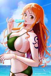  alternate_costume bangle bare_shoulders bikini blue_sky blush bracelet breasts brown_eyes cleavage cloud cloudy_sky collarbone commentary_request earrings female food from_side green_bikini halterneck highres holding holding_food holding_popsicle horizon jewelry large_breasts lips long_hair looking_at_viewer nail_polish nami_(one_piece) ocean one_piece orange_hair orange_nails oregano551 outdoors parted_lips pearl_earrings pink_lips popsicle shoulder_tattoo side-tie_bikini_bottom sidelocks sky solo string_bikini swimsuit tattoo twitter_username upper_body wavy_hair 