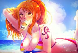  arm_up ass beach bikini blue_sky blush breasts butt_crack cleavage cloud cloudy_sky collarbone commentary_request feet_out_of_frame female food_in_mouth halterneck hand_in_own_hair high_ponytail highres horizon large_breasts long_hair lying multicolored_bikini nami_(one_piece) ocean official_alternate_costume on_stomach one_piece one_piece_film:_z orange_eyes orange_hair oregano551 outdoors ponytail shoulder_tattoo sidelocks sky solo swimsuit tattoo twitter_username 