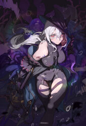  absurdres arknights ascot bare_shoulders black_gloves black_hat black_leggings black_shirt blood blood_on_face blue_blood breasts bruise closed_mouth clothing_cutout detached_sleeves female from_above gekeluoyouka gloves grey_hair hair_between_eyes hat highres holding holding_sword holding_weapon injury leggings long_hair looking_at_viewer low-tied_long_hair red_eyes shirt skadi_(arknights) skadi_(elite_ii)_(arknights) solo sword thigh_cutout weapon 