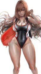 black_choker black_one-piece_swimsuit blush bodyboard breasts brown_hair choker cleavage closed_mouth competition_swimsuit covered_navel female goddess_of_victory:_nikke highleg highleg_one-piece_swimsuit highres holding_kickboard kickboard kyel_hyde large_breasts long_hair official_alternate_costume one-piece_swimsuit rapi_(classic_vacation)_(nikke) rapi_(nikke) red_eyes smile solo swimsuit thighs two-tone_swimsuit 