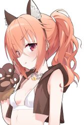  :3 :q absurdres animal_ear_hairband animal_ears animal_hands bare_shoulders blush bra breasts brown_hairband brown_vest chain_necklace chains closed_mouth collarbone commentary eyes_visible_through_hair fake_animal_ears female fur-trimmed_gloves fur_trim gloves hair_between_eyes hairband halloween_costume hand_up highres inaba_meguru jewelry lcz long_hair looking_at_viewer necklace official_alternate_costume official_alternate_hairstyle open_clothes open_vest orange_hair paw_gloves red_eyes sanoba_witch simple_background small_breasts smile smug solo symbol-only_commentary tongue tongue_out twintails underwear upper_body v-shaped_eyebrows vest wavy_hair werewolf_costume white_background white_bra wolf_ears 