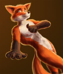  anthro brown_background brown_nose canid canine cheek_tuft closed_smile facial_tuft fox fur glistening glistening_eyes gloves_(marking) head_tuft hi_res looking_at_viewer male male_anthro mammal markings mouth_closed nipples nude orange_body orange_fur satanic_monkey simple_background smile solo tuft white_body white_fur 
