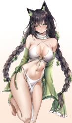  animal_ears bare_legs bare_shoulders barefoot black_hair braid breasts cat_ears cleavage criss-cross_halter crop_top detached_collar detached_sleeves english_commentary female green_eyes green_sleeves hair_ornament hairclip halterneck highres indie_virtual_youtuber kitsunya_(vtuber) large_breasts long_hair long_sleeves looking_at_viewer midriff navel no_panties parted_lips pelvic_curtain revealing_clothes rinkosannn second-party_source shirt simple_background sleeveless sleeveless_shirt sleeves_past_fingers sleeves_past_wrists solo spaghetti_strap stomach thighs twin_braids twintails very_long_hair virtual_youtuber white_background white_shirt 