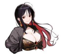  black_hair black_jacket breasts cleavage commentary_request earrings female glasses goddess_of_victory:_nikke jacket jewelry kumo_tabetai large_breasts long_hair looking_at_viewer moran_(nikke) ornate_clothes paint_chat_(medium) red_eyes simple_background smile solo unworn_eyewear white_background 