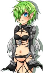  arm_blade armor bikini_armor blue_eyes blush braid breasts cleavage closed_mouth commentary_request cowboy_shot female green_hair guillotine_cross_(ragnarok_online) hair_over_one_eye looking_at_viewer lowres medium_breasts meiko_(nattu303) navel pauldrons pointy_ears ragnarok_online short_hair shoulder_armor shrug_(clothing) simple_background smile solo weapon white_background 