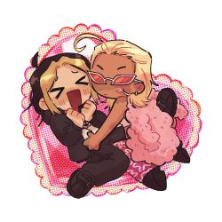 &gt;_&lt; 8wnqt :/ between_legs black_hair blonde_hair border cape chibi chibi_only commission commissioner_insert donquixote_doflamingo earrings full_body fur_jacket genderswap_(mtf) grin halftone hands_on_another&#039;s_waist heart hoop_earrings jacket jewelry looking_at_viewer loose_hair_strand mullet multicolored_hair on_ground one_piece original ornate_border outside_border pink-tinted_eyewear pink_cape rule_63 second-party_source seiza sitting smile spread_legs tinted_eyewear vgen_commission 