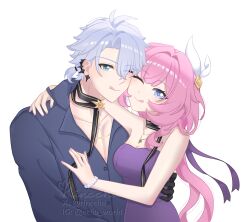  1boy absurdres ahoge blue_eyes blue_shirt breasts cleavage commentary cyrene_(honkai:_star_rail) dress ear_piercing english_commentary female hair_ornament highres honkai:_star_rail honkai_(series) jewelry licking_lips long_hair medium_breasts necklace official_alternate_costume phainon_(fashion)_(honkai:_star_rail) phainon_(honkai:_star_rail) piercing pink_hair pink_pupils purple_dress rincchu shirt short_hair simple_background straight tongue tongue_out white_background white_hair 