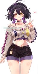  absurdres ahoge airiillus black_choker black_hair black_shorts brown_sweater character_request choker closed_mouth commission cowboy_shot crop_top crop_top_overhang cropped_sweater diamond-shaped_pupils diamond_(shape) female hair_between_eyes hand_up heart heterochromia highres long_hair long_sleeves looking_at_viewer midriff multicolored_hair navel original puffy_long_sleeves puffy_sleeves purple_hair purple_shirt red_eyes shirt short_shorts shorts simple_background smile solo spaghetti_strap spoken_heart streaked_hair sweater symbol-shaped_pupils thighs twintails undershirt v vgen_commission white_background yellow_eyes 