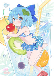  ahase_hino aqua_eyes aqua_hair barefoot bikini bikini_skirt blue_bikini blue_bow blueberry blush bow cherry cirno closed_mouth commentary_request cup detached_wings drinking_straw female food fruit hair_ornament hairbow highres holding holding_food holding_fruit ice ice_cube ice_wings in_container in_cup kiwi_(fruit) kiwi_slice leaf_hair_ornament looking_at_viewer mint navel orange_(fruit) short_hair signature solo swimsuit touhou water watermelon wings 
