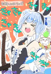 &gt;_&lt; :d black_leotard black_necktie blue_hair breasts center_frills cleavage closed_eyes commentary_request detached_sleeves double_bun facing_viewer female frills hair_bun hand_on_hilt hand_on_own_hip hand_up highres hololive kiritoma leotard medium_breasts necktie orange_background outline puffy_short_sleeves puffy_sleeves short_eyebrows short_necktie short_sleeves signature smile sword thick_eyebrows translation_request usada_pekora usada_pekora_(furi_furi_bunny_dress) virtual_youtuber weapon white_outline white_sleeves wrist_cuffs xd 