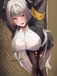  absurdres admiral_zenker_(azur_lane) admiral_zenker_(fun_with...interrogations?)_(azur_lane) ananda_hikari arms_up azur_lane bent_over black_bra black_choker black_jacket black_skirt bra breasts choker cleavage female highres jacket large_breasts long_hair looking_at_viewer miniskirt multicolored_hair open_clothes open_jacket pantyhose partially_unbuttoned red_eyes red_hair see-through_clothes see-through_shirt shirt skirt solo standing streaked_hair thighs torn_clothes torn_pantyhose two-tone_hair unbuttoned unbuttoned_shirt underwear very_long_hair white_hair white_shirt 
