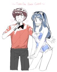  1boy 88_77k black_bow black_bowtie black_pants bow bowtie collarbone cone_horns couple female food highres holding holding_food holding_microphone horns leotard long_hair looking_at_viewer lum microphone moroboshi_ataru mouth_hold music pants pointy_ears red_shirt shirt short_hair side-tie_leotard sidelocks singing strapless strapless_leotard taiyaki urusei_yatsura wagashi 