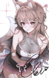  animal_ears armpit_crease bare_shoulders black_skirt breasts brown_hair cleavage closed_mouth collar commission cowboy_shot crop_top ella_7737 female fox_ears fox_tail garter_straps gradient_clothes gradient_skirt hair_ornament hairpin highres jacket large_breasts leaning_forward long_hair looking_at_viewer midriff miniskirt mole mole_under_eye navel off_shoulder original pleated_skirt red_eyes see-through_cleavage see-through_clothes shirt single_garter_strap skirt sleeveless sleeveless_shirt smile solo tail two-tone_shirt very_long_hair white_jacket white_shirt 