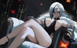  alternate_costume arlecchino_(genshin_impact) armpits bare_shoulders black_dress black_hair breasts bug candle candlestand cleavage commentary cross cross_earrings crossed_legs dress earrings english_commentary female genshin_impact glowing glowing_eyes high_heels highres jewelry large_breasts moth multicolored_hair neo_(neorarty3) red_eyes short_hair sideburns solo symbol-shaped_pupils two-tone_hair white_hair x-shaped_pupils 