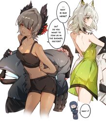  3girls animal_ears arknights arya_melati black_coat black_shorts black_tank_top blue_hair breasts cat_ears cat_girl cleavage closed_eyes coat commentary dark-skinned_female dark_skin doctor_(arknights) dress english_commentary extra_hands feather_hair female_doctor_(arknights) green_dress green_eyes grey_hair highres kal&#039;tsit_(arknights) material_growth medium_breasts midriff multiple_girls navel oripathy_lesion_(arknights) raidian_(arknights) short_hair shorts simple_background speech_bubble tank_top white_background white_coat 