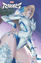  blonde_hair blue_eyes blue_lips blue_nails breasts choker cleavage diamond_(gemstone) earrings emma_frost female frostrayner highres jewelry leotard lipstick makeup marvel marvel_rivals short_hair solo thick_thighs thighs x-men 