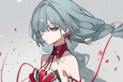  bandage_over_one_eye bare_shoulders closed_mouth commentary_request earrings female grey_hair highres jewelry kurisu~tina long_hair phrolova_(wuthering_waves) portrait red_eyes solo tacet_mark_(wuthering_waves) wuthering_waves 