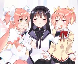  3girls akemi_homura akemi_homura_(magical_girl) black_hair black_hairband black_ribbon bow clenched_teeth closed_mouth double_v dress dual_persona hairband hairbow hand_on_another&#039;s_chin highres kaname_madoka long_hair long_sleeves magical_girl mahou_shoujo_madoka_magica mitakihara_school_uniform multiple_girls open_mouth pink_eyes pink_hair ribbon school_uniform short_hair short_sleeves smile teeth twintails ultimate_madoka v white_bow white_dress yellow_eyes yellow_ribbon yuimura3 yuri 