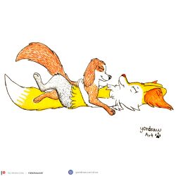  3_toes anthro black_nose braixen brown_body brown_fur canid canine canis closed_eyes domestic_dog duo feet female female/female feral fur generation_6_pokemon hi_res hug lying lying_on_another lying_on_ground mammal nintendo on_back on_front on_ground patreon patreon_logo patreon_username pokemon pokemon_(species) red_nose smile smiling_at_another smiling_at_each_other text the_queen&#039;s_corgi toes traditional_media_(artwork) url wanda_(the_queen&#039;s_corgi) yellow_body yellow_fur yordraw 