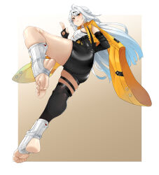  ass black_gloves black_shorts black_thighhighs brown_background eiji_(eiji) female fingerless_gloves gloves gradient_background hair_between_eyes high-waist_shorts highres jacket kuji-in long_hair shirt shorts single_thighhigh stirrup_footwear thigh_strap thighhighs very_long_hair white_hair white_shirt yellow_eyes yellow_jacket yixuan_(zenless_zone_zero) zenless_zone_zero 