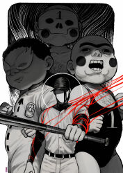  1boy 3others absurdres add-on_(off) arrow_print bald bare_shoulders baseball_bat baseball_cap baseball_uniform belt belt_buckle black_belt black_eyes black_hair black_hat blood blood_on_face blush_stickers border buckle chest_hair clenched_hands closed_mouth collarbone colored_skin cowboy_shot eye_mask faceless faceless_male fighting_stance foreshortening greyscale halo halo_behind_head hat highres holding holding_baseball_bat jumpsuit long_sleeves luchador_mask mask metal_baseball_bat monochrome multiple_others number_print off_(game) open_mouth outside_border outstretched_arm pants secretary_(off) shirt short_hair signature skull_mask sportswear spot_color string string_of_fate tanblaque teeth the_batter_(off) unibrow very_short_hair white_border white_jumpsuit white_pants white_shirt white_skin 