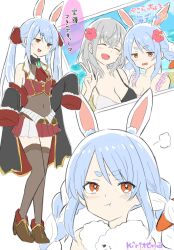  2girls :d ^_^ animal_ear_fluff animal_ears bare_shoulders bikini black_bikini black_jacket blue_hair blush boots braid breasts brown_boots brown_leotard carrot_hair_ornament cleavage closed_eyes commentary_request cosplay covered_navel cropped_jacket flower food-themed_hair_ornament grey_hair grey_thighhighs hair_flower hair_ornament hair_ribbon hand_up head_tilt highres hololive houshou_marine houshou_marine_(1st_costume) houshou_marine_(cosplay) jacket kiritoma large_breasts leotard leotard_under_clothes long_sleeves multicolored_hair multiple_girls open_clothes open_jacket orange_eyes pink_bikini pink_flower pleated_skirt rabbit-shaped_pupils rabbit_ears red_jacket red_ribbon red_skirt ribbon shirogane_noel signature simple_background skirt sleeveless sleeveless_jacket sleeves_past_fingers sleeves_past_wrists smile swimsuit symbol-shaped_pupils thighhighs translation_request twin_braids twintails two-tone_hair usada_pekora usada_pekora_(1st_costume) virtual_youtuber w white_background white_bikini white_hair 