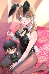  animal_ear_hairband animal_ears artist_name between_legs black_bow black_hairband bow bowtie breasts character_doll chinese_zodiac cleavage commentary dart detached_collar doll fake_animal_ears fake_tail female green_eyes hair_ornament hairband hand_between_legs highres holding_dart indoors kuroda_(kuro_yyy) large_breasts looking_at_viewer low_twintails makoto-chan_(kuroda_(kuro_yyy)) makoto-kun_(kuroda_(kuro_yyy)) medium_hair no_shoes on_floor open_mouth original pantyhose playboy_bunny pom_pom_(clothes) pom_pom_hair_ornament rabbit_ears rabbit_tail signature sitting solo tail thighs twintails wariza wrist_cuffs year_of_the_rabbit 