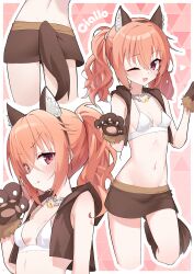  :3 :q ;d absurdres animal_ear_fluff animal_ear_hairband animal_ears animal_hands back bare_shoulders blush boots border bra breasts brown_boots brown_hairband brown_skirt brown_vest chain_necklace chains charo_(meme) closed_mouth collarbone commentary covered_nipples cowboy_shot eyes_visible_through_hair fake_animal_ears fake_tail female fur-trimmed_gloves fur_trim gloves groin hair_between_eyes hairband halloween_costume hands_up happy heart highres inaba_meguru jewelry lcz long_hair looking_at_viewer meme miniskirt multiple_views navel necklace official_alternate_costume official_alternate_hairstyle one_eye_closed open_clothes open_mouth open_vest orange_hair outline outside_border paw_gloves pink_background red_eyes sanoba_witch sidelocks simple_background skirt small_breasts smile smug standing standing_on_one_leg stomach symbol-only_commentary tail tongue tongue_out twintails underwear upper_body v-shaped_eyebrows vest w_arms wavy_hair werewolf_costume white_border white_bra white_outline wolf_ears wolf_tail 
