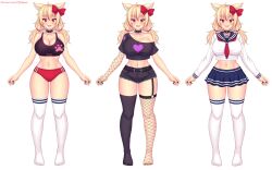  animal_ears asymmetrical_clothes asymmetrical_legwear belt black_belt black_nails black_sports_bra black_thighhighs blonde_hair blush bow breasts cat_ears collar cutoffs elbow_gloves female gloves highres large_breasts long_hair long_sleeves looking_at_viewer micro_shorts midriff mismatched_legwear multicolored_hair multiple_views navel nottytiffy open_mouth original pleated_skirt red_bow red_eyes red_hair sailor_collar school_uniform serafuku shirt shorts single_elbow_glove single_fishnet_armwear single_fishnet_legwear skirt spiked_collar spikes sports_bra streaked_hair thighhighs tiffy_(nottytiffy) white_background white_shirt white_thighhighs 