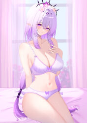  absurdres bed_sheet bedroom bra breasts bug butterfly castorice_(honkai:_star_rail) curtains female flower hair_between_eyes hair_flower hair_ornament hanaki_q hand_on_own_chest highres honkai:_star_rail honkai_(series) indoors large_breasts legs_together long_hair looking_at_viewer navel on_bed panties pointy_ears purple_bra purple_butterfly purple_eyes purple_flower purple_hair purple_panties spiked_tiara tiara underwear underwear_only window 