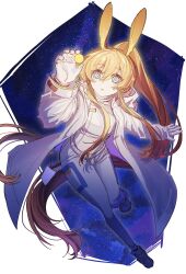  absurdres amiya_(arknights) amiya_(guard)_(arknights) amiya_(guard)_(touch_the_stars)_(arknights) animal_ears arknights arm_up blonde_hair blue_eyes border brown_hair chinese_commentary coat commentary_request female floating_hair full_body gloves gradient_hair hair_between_eyes highres leggings long_hair long_sleeves looking_up multicolored_hair official_alternate_costume open_clothes open_coat outside_border parted_lips solo star_(sky) starry_sky_background very_long_hair wangchuan white_border white_coat white_gloves white_leggings yellow_pupils 