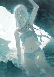  a.k.i._(street_fighter) arm_up bandage_over_one_eye bandaged_arm bandaged_leg bandaged_neck bandages collarbone commentary fagi_(kakikaki) female hair_over_one_eye highres mole mole_under_mouth navel official_alternate_costume official_alternate_hairstyle red_eyes scenery solo street_fighter street_fighter_6 swimsuit white_hair 
