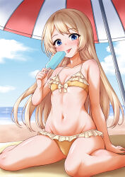  alternate_costume beach bikini blonde_hair blue_eyes blue_sky breasts cloud comiket_106 commentary_request day female frilled_bikini frills groin highres horizon jervis_(kancolle) kamiya_tadato kantai_collection licking long_hair navel ocean orange_bikini outdoors sky small_breasts solo swimsuit tongue tongue_out 