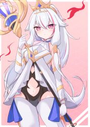  absurdres bare_shoulders blush breasts closed_mouth clothing_cutout commentary_request crown detached_sleeves dress female gigamera halterneck high_ponytail highres hip_vent holding holding_scepter long_hair long_sidelocks looking_at_viewer medium_breasts navel navel_cutout pink_background pink_eyes ponytail scepter shadowverse shadowverse:_worlds_beyond sidelocks simple_background sleeveless solo standing tiara very_long_hair very_long_sidelocks white_dress white_hair zirconia_(shadowverse) 
