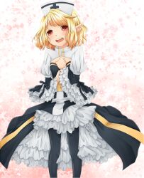  arch_bishop_(ragnarok_online) black_dress black_pantyhose blonde_hair blush breasts cherry_blossoms cleavage_cutout clothing_cutout commentary_request dress feet_out_of_frame female frilled_dress frilled_sleeves frills hat juliet_sleeves long_sleeves looking_at_viewer meiko_(nattu303) nurse_cap open_mouth pantyhose pink_background pointy_ears puffy_sleeves ragnarok_online red_eyes sash short_hair small_breasts smile solo standing two-tone_dress white_dress white_hat yellow_sash 